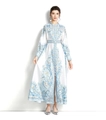 Detail of elegant paisley print maxi dress with stand collar and matching waist belt - S / White