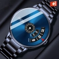 Detail of ORUSS quartz watch with blue rotating disc dial and black metal strap - New Concept Disk Type / Black Band Blue Dial