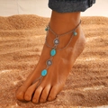 Bohemian silver turquoise anklet with sun motifs and toe ring on beach sand - Ancient Silver (7540)