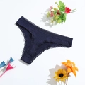 Tanga taille basse en coton bleu foncé pour femme avec tissu côtelé et dentelle - M(28) / Bleu Marine