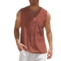 Men's retro sleeveless cotton linen shirt in reddish brown with lace-up V-neck and pocket - S / Coffee
