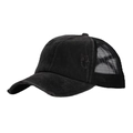 Washed charcoal ponytail trucker hat with mesh back and distressed frayed baseball cap brim - Black