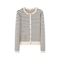 Chaqueta de punto clásica de rayas beige y negras con cuello redondo y botones - S / Rayas Manga Larga