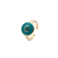 Detail of gold-plated open ring featuring a sun motif on turquoise enamel inlay - Adjustable Open / Green Sun