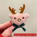 Pink plush reindeer brooch with brown antlers and green ribbon, size 6.5cm x 5.6cm - Pink Reindeer