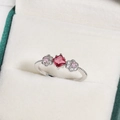 Elegant silver ring with red square gemstone and pink floral accents on velvet box - Red Square Main Stone Pink and White Flower Style (白金色19)