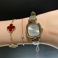 Minimalist square quartz watch with rose gold case and khaki leather strap on wrist - Grey Leather Rose Gold Case