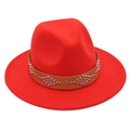 Detail of red wool felt fedora featuring a brown leather band with silver studded rivets - M (56-58cm) / Orange Red