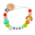 Beech wood pacifier clip with rainbow silicone beads and handmade crochet balls - 4# (Rainbow Multi-color)