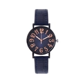 Detailed view of women's quartz watch with gradient blue dial and rose gold numerals - Royal Blue
