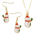 Detailed view of golden snowman necklace and earrings set with festive enamel colors - Broom Snowman
