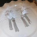 Elegant silver star tassel earrings with shimmering rhinestones on white feathers - Silver Star Full Diamond Long Tassel Ear Clip (20#)
