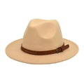 Detailed top view of a beige wool fedora hat with a brown leather buckle strap accent - M (56-58cm) / Beige