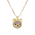 Gold dog pendant necklace with purple and white crystals on a linked chain - Purple