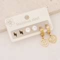Three pairs of golden stainless steel stud earrings featuring lightning and heart designs - Black Lightning White Zirconia Gold Heart Anchor Set (8#)