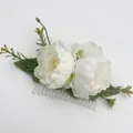 Elegant white floral hair comb with silk roses and green leaves for bridal styling - FS39-5 White