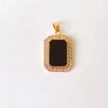 Detail of a rectangular black gemstone pendant with gold frame and sparkling zircons - Black Square Plate*Gold