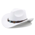 White felt western cowboy hat with turquoise leather band and vintage metal buckle - White