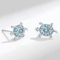 Cute sea turtle stud earrings in silver finish with sparkling light blue crystals - Blue