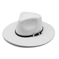 Detailed close-up of a white wool fedora hat featuring a black band and silver engraved buckle - M (56-58cm) / White