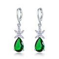 Silver drop earrings featuring a large green pear-cut stone and zircon flower accent - Green Rhinestone