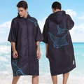 Black quick-dry surf poncho with blue tribal marine print and front zipper closure - One Size / Zipper Style - Black Manta Ray