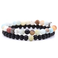 Detail of 6mm distance bracelet set with matte black beads and colorful frosted stones - Amazonite