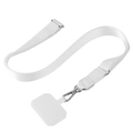 Close-up of white adjustable phone lanyard with metal hook and secure patch insert - White Flat Rope + White Patch