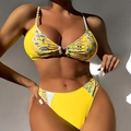 Floral print bikini set with yellow high waist bottom and metal ring detail - S / Yellow