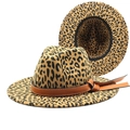 Detailed view of leopard print jazz hat with brown leather belt and bow decoration - M (56-58cm) / Bow Tie Style Brown Leather Band Leopard Fedora (8)