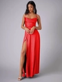Robe de soirée élégante en satin rouge à fines bretelles et fente sexy pour événements chics - 3XL / Rouge Cerise