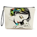 Minimalist canvas makeup bag with cute girl and cat print plus a black wrist strap - Girl with Green-eyed Cat With Wristlet (xy-083-1) / 17*25cm (Linen) with Strap