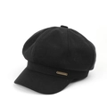 Detail of retro black wool newsboy cap with small metallic JHMY brand plaque logo - M (56-58cm) / Black