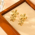 Polished 18k gold plated titanium steel double flower earrings in wooden display - Double Layer Flower Style (G803)