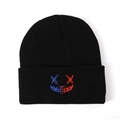 Minimalist black knit beanie with red and blue embroidered smile face for street style - One Size / Black Dual-Color Smiley