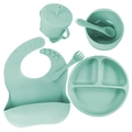 Mint green 6-piece silicone baby feeding set with suction plate, bowl, and bib - 6-Piece All-Silicone Set / Mint Green