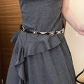 Vintage black leather waist belt with silver butterfly and geometric metal charms - Retro Sun Pattern Round Plate Black Thin Belt (18# Waist Chain-Silver-Black)