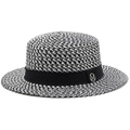 Platte geweven strooien boaterhoed met zwart-wit patroon en M-letter versiering - M(56-58cm) / Zwart en Wit (JXS-524)