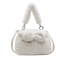Chic white faux fur bucket handbag with plush bow and heart-shaped metal buckles - Off White