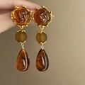 Detail of amber rose stud earrings with frosted beads and water drop pendants - 3-Stage Rose Waterdrop (65#) / Amber Gold