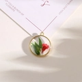 Round alloy pendant with red dried flower specimen and gold metallic frame - Style 8