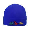 Bright blue knit beanie with three colorful cartoon dinosaur embroidery on the cuff - M (56-58cm) / Sapphire Blue