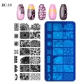 Detail of BC-10 nail stamping plate with lace patterns and pink manicured nail swatches - Mandala Geometric Line Style (BC-10)