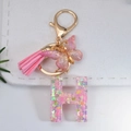 Close-up of resin letter H keychain with pink butterfly sequins and suede tassel detail - Letter H