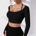 Slim fit black ribbed long sleeve yoga top with halter neck straps and cropped hem - S / Black