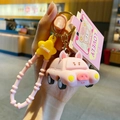 Pink cartoon pig car keychain with yellow star charm and lovely pink beaded strap - Animal Car Keychain-Pink Pig