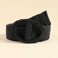 Elastic black woven waist belt for dresses with a large circular straw buckle - Round Braided Buckle