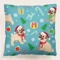 Funda de cojín navideña con carlino con gorro de Papá Noel sobre fondo azul verdoso - Estilo 21-Pug de Navidad / 45x45 cm