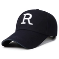 Dark blue cotton baseball cap with white embroidered letter R and extended curved brim - Letter R Navy Blue