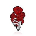 Gothic enamel brooch featuring a white skeleton hand holding vibrant red roses - Skeleton Hand Holding Rose Style (CC2280)